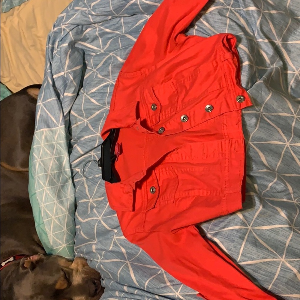 Red pink jean jacket crop